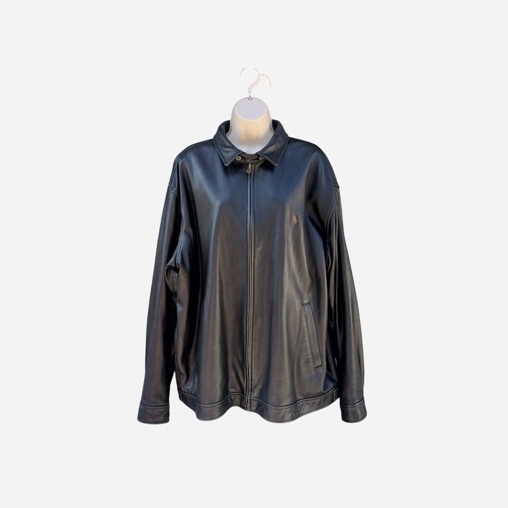 Polo Ralph Lauren 100% Leather Jacket Black Zip Front Harrington Men XL Moto - Picture 2 of 9